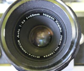 Vintage Nikon F SLR 35mm Film Camera w/ Micro - Nikkor Auto 1:3.  5 55mm Lens 2
