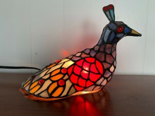 Leaded Stain Glass Peacock Table Lamp Night Light Multicolors 7.  5 " High 10 " Long