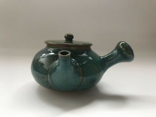 Pottery Tea Pot Lidded Kyusu Kettle Signed Agano Ware Green Japanese Vtg E423