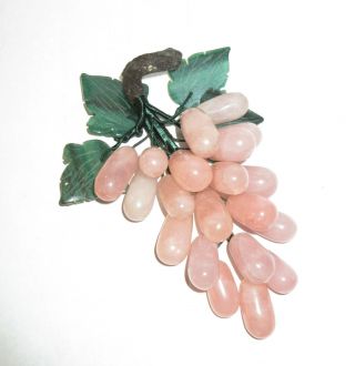 Pink Grapes Cluster Jade Polished Stone Quartz Green Jade Leaves 8 " Long Bunch