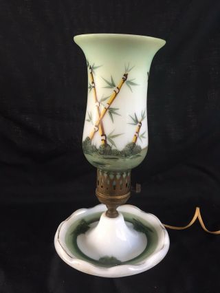 Vintage Hand Painted Art Glass Bamboo Green White Table Lamp