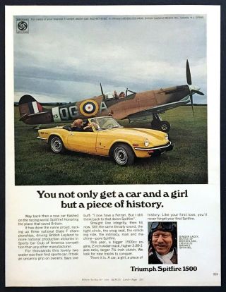 1974 Triumph Spitfire 1500 Convertible Car & Airplane Photo Vintage Print Ad