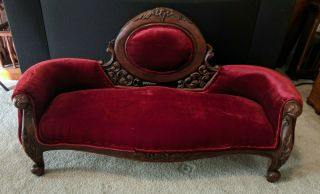 Burgundy Low Back Antique Child Victorian Settee Upholstered And Wood