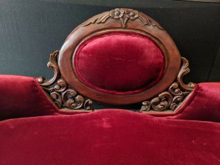 Burgundy Low Back Antique Child Victorian Settee Upholstered and Wood 2