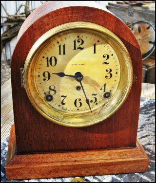 Vtg Antique Seth Thomas Mantle Clock W/ Key & Pendulum Parts Wood Case