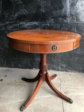 Antique Mahogany Leather Top Round End Tables Side Table Claw Legs