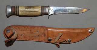 Vintage Steel Hunting Knife With Leather Sheath