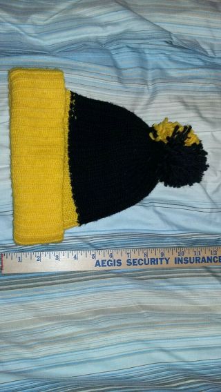 Vintage 70s 80s NFL PITTSBURGH STEELERS Knit Beanie Hat Cap Pom Black Yellow 2