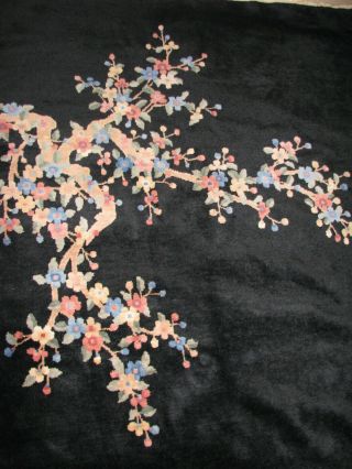 VINTAGE 1920 ' S CHINESE ART DECO RUG BLACK FIELD WITH FLORAL DESIGN 8 ' BY 10 ' 3