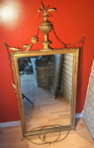 Vintage French Italian Rococco Carved Gold Gilt Wood Metal Wall Mirror Ornate