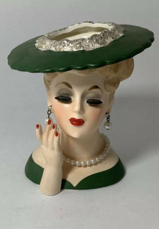 Vintage Napcoware Ceramic Lady Head Vase Green C3343