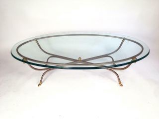 Elegant Steel & Brass Rams Heads Maison Jansen Style Glass Oval Coffee Table