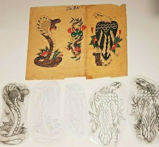 Vintage Tattoo Flash Sheet - Production Sheet 5 Xl Acetate Stencils - Travelling