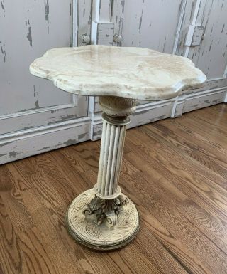 Vintage Hollywood Regency Marble Wooden Top Pedestal End Table Plant Stand