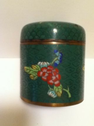 Vintage Chinese Asian Cloisonne Brass Green W/flowers Trinket Box W/ Lid Round