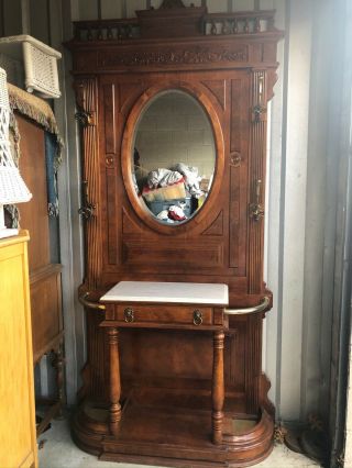 Victorian Hall Tree With Hooks And Beveled Oval Mirror