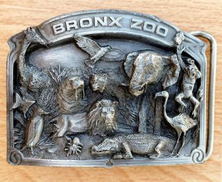 Vintage York Bronx Zoo Belt Buckle With Animals Lion Bird Monkey Elephant