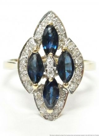 Natural Sapphire Diamond 14k Gold Ring Vintage Ladies Navette Shape Cluster Sz 5