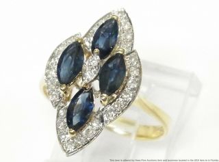 Natural Sapphire Diamond 14k Gold Ring Vintage Ladies Navette Shape Cluster Sz 5 2