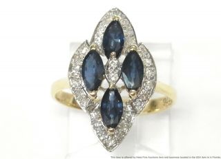 Natural Sapphire Diamond 14k Gold Ring Vintage Ladies Navette Shape Cluster Sz 5 3