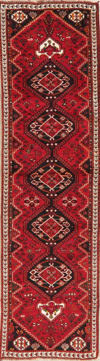Vintage Geometric 10 Ft Abadeh Tribal Red Runner Rug Hand - Knotted Carpet 3 