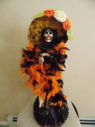 Mexican Day Of The Dead Doll Orange Black 24 " Paper Mache Made In Mexico
