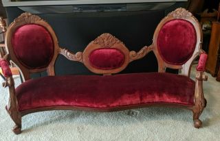 Burgundy High Back Antique Child Victorian Settee Upholstered And Wood
