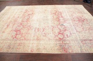 Antique Muted Distessed Floral Oriental Area Rug Over - Dyed Worn Pile Pink Red