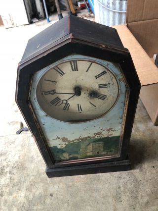 Antique 19th Century Junghans Mantle Clock With Jet Reverse Painting