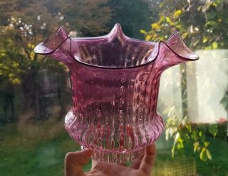 Antique Cranberry Ribbed Optic Glass Oil Lamp Shade Flared Tulip 4 Inch