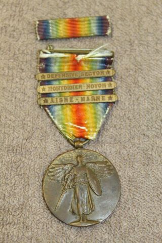Ww1 U.  S.  Victory Medal W/ribbon & Three War Service Clasps,  Ribbon Bar