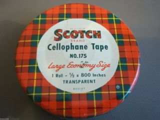 Vintage Scotch Cellophane Tape No.  175 1/2 " Roll Round Tin Case 2 1/2 " Diameter