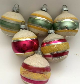 6 Vtg Shiny Brite Christmas Ornaments Glass Stripe Mica Frosted Red Green Yellow