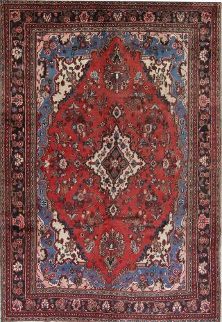 Vintage Geometric Red Hamadan Oriental Hand - Knotted 7x10 Wool Area Rug