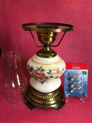 Vintage Casting Hurricane Lamp Milk Glass W/ Floral Motif (no Shade),  3 Bulbs A