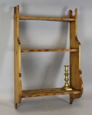 A Rare 18th C Pa Scalloped Hanging 3 Tier Wall Shelf With Great Cut Out Sides