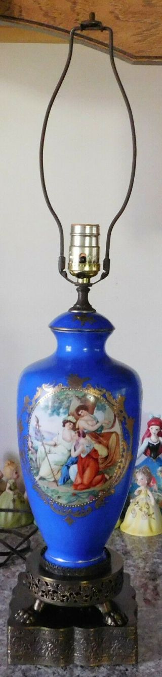 Old 3 Goddess Blue Glass Table Lamp Gold Hp Art Nouveau Pierced Brass Paw Feet