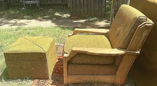 Vintage A Brandt Ranch Oak Lounge Chair And Hassock,  Green Fabric