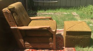 Vintage A BRANDT RANCH OAK LOUNGE CHAIR and Hassock,  Green Fabric 2