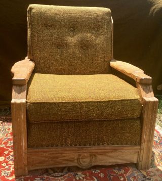 Vintage A BRANDT RANCH OAK LOUNGE CHAIR and Hassock,  Green Fabric 3