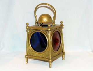 Antique,  Arts & Crafts Brass Candle Lantern,  With Coloured Glass Panels,  C1890.