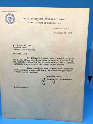 J.  Edgar Hoover - 1957 Signed Letter - 1st Director Of Fbi,  Boy Scouts