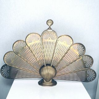 Vintage Brass Clam Shell Folding Peacock Fireplace Screen Fan Art Deco Mcm