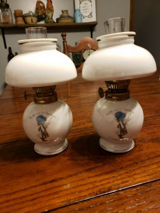 2 Holly Hobbie Porcelain Hurricane Lamp 1976 Japan