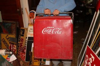 Large Vintage 1950 ' s Coca Cola Soda Pop Picnic Cooler Embossed Metal Sign 3
