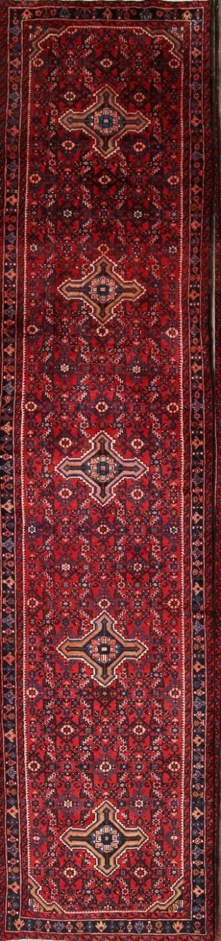 Vintage Long Floral 4x17 Malayer Hamedan Persian Oriental Medallion Rug Wool Red