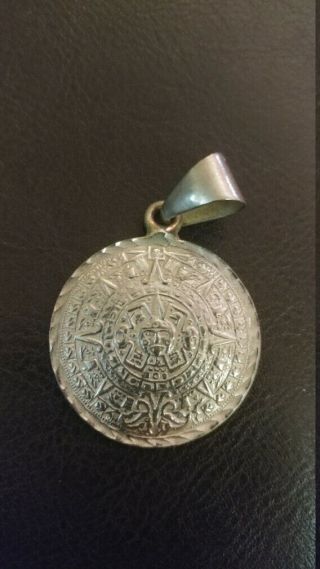 Vintage Sterling Silver 925 Aztec Man Mayan Mexican Etched Calendar Pendant