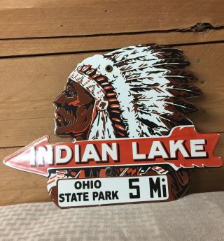 Vintage Indian Lake Ohio State Park Porcelain Hunting Fishing Camping Sign