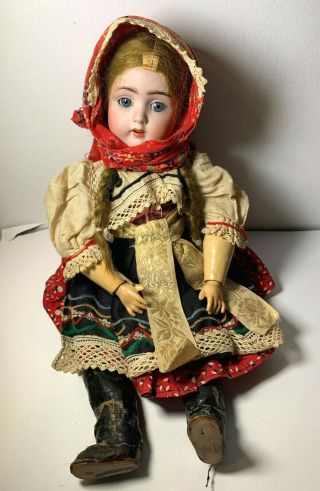 VTG ANTIQUE GERMAN BISQUE DOLL W/ WOOD BODY 2/0 TRADITIONAL OUTFIT 14 