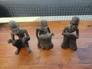 Three Vintage/antique African Tribal Carvings Man Crouching - 2 Horn Made 1 Wood